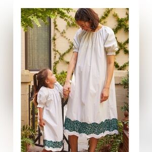 Mi Golondrina Pale Green Striped Midi Dress with Dark Green Embroidered Hem